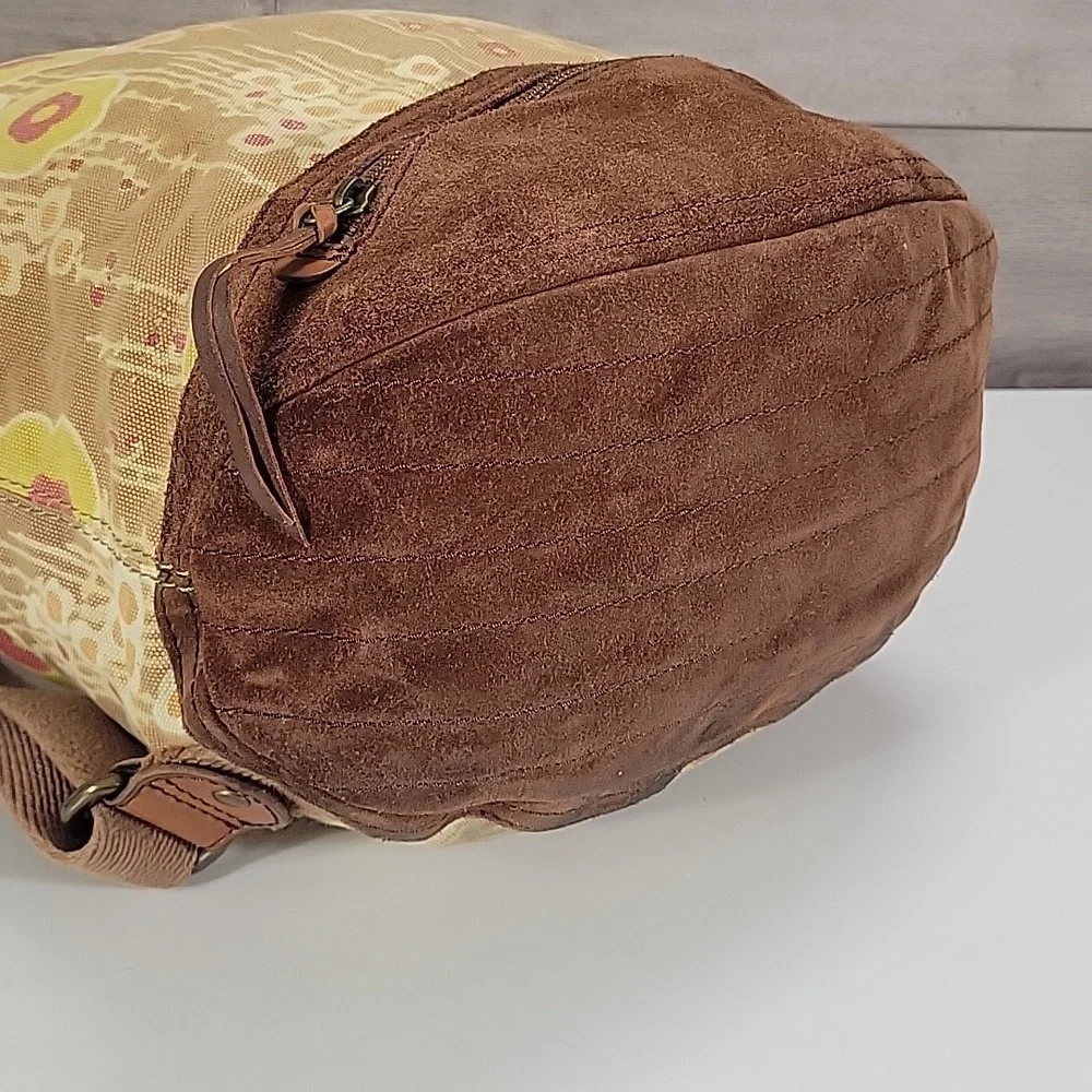 Lucky Brand Canvas/Leather Floral Drawstring Backpack - Yellow/Pink